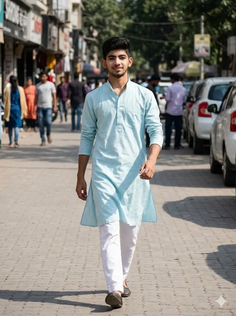 Pastel Blue Kurta Walking Shot