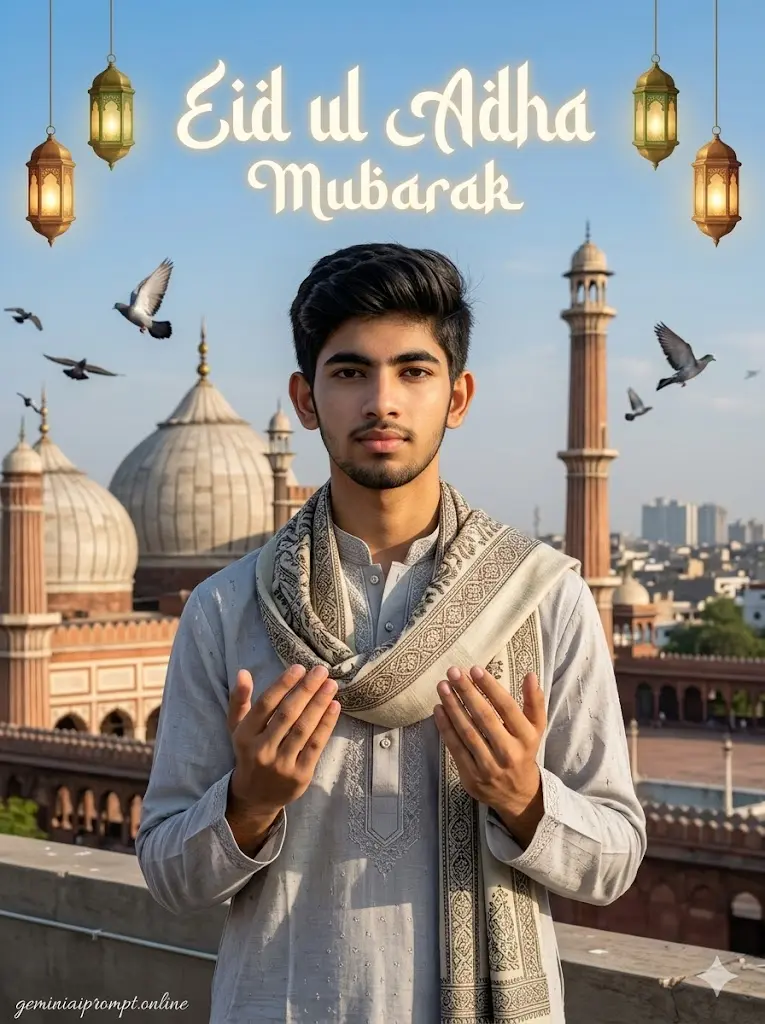 Bakra Eid Gemini Prompts Bakra Eid Gemini AI Prompt Rooftop Prayer Portrait Daytime rooftop Eid ul Adha prayer portrait of a man in grey embroidered kurta with mosque domes, lanterns, pigeons, and Eid ul Adha Mubarak Arabic calligraphy in the sky.