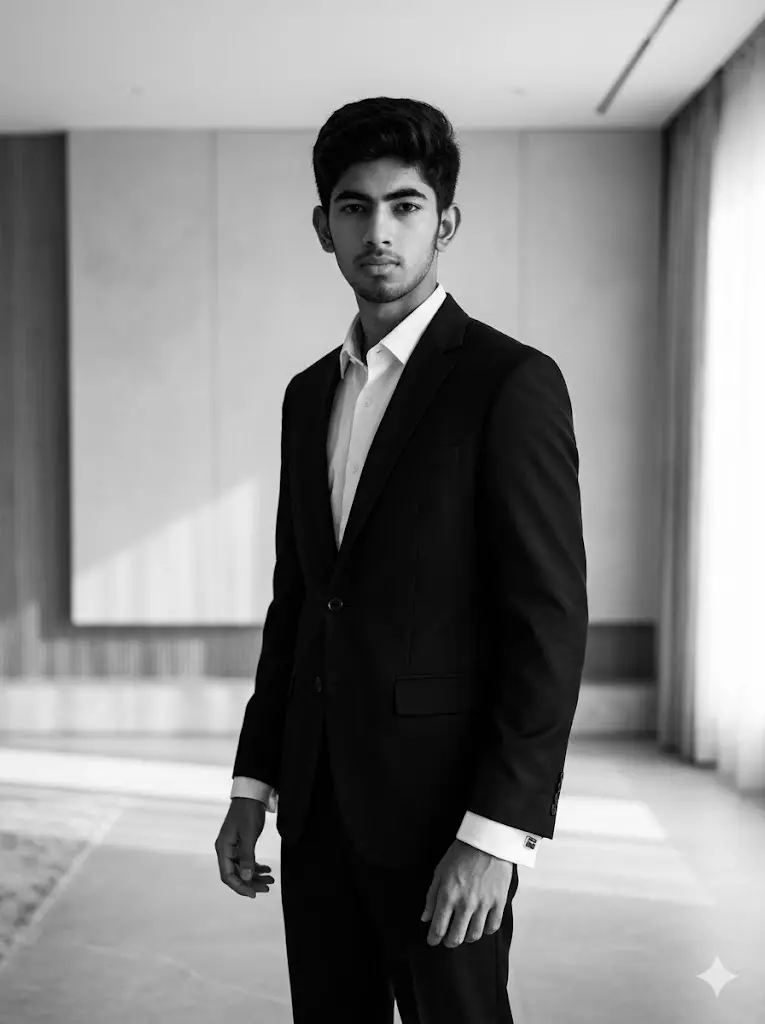 Premium black and white mafia-style portrait of a confident man wearing a tailored black suit and white dress shirt, standing in a minimalist luxury room with cinematic side lighting, sharp facial features, and powerful gangster boss energy.