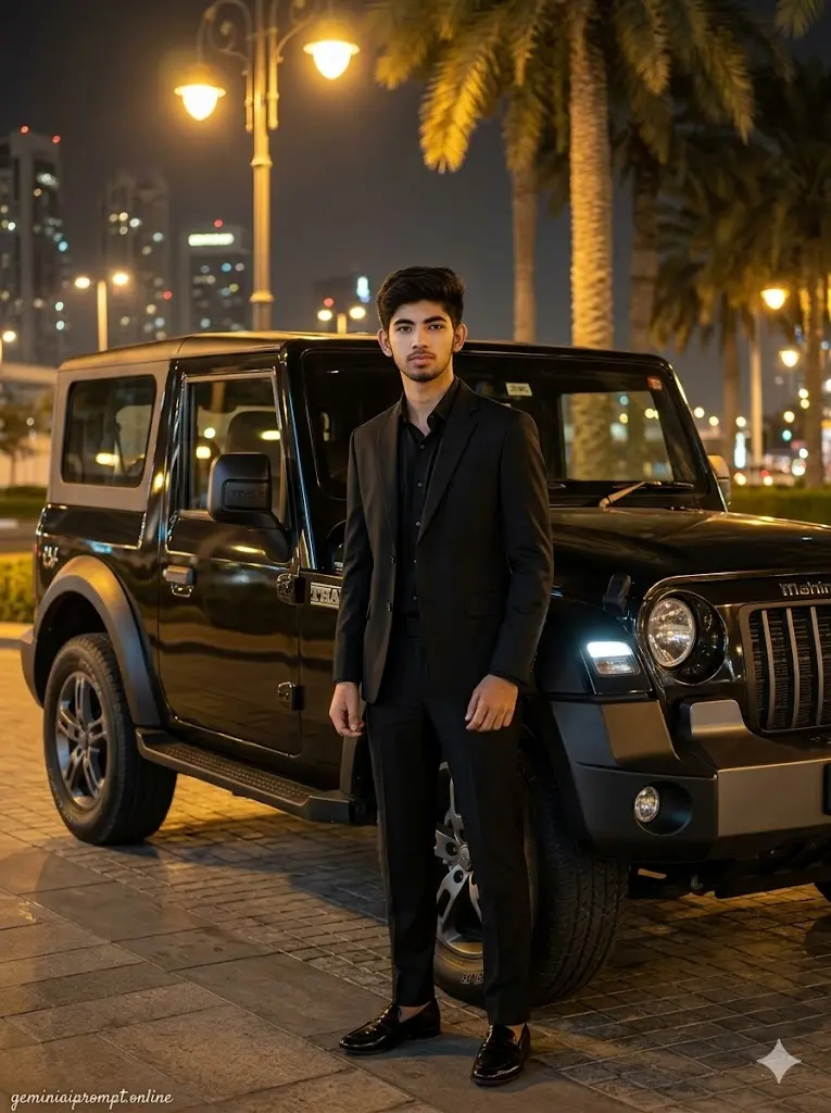 Luxury black Mahindra Thar night portrait featuring a man in black suit standing beside an off-road SUV with cinematic street lighting and premium mafia aesthetic.