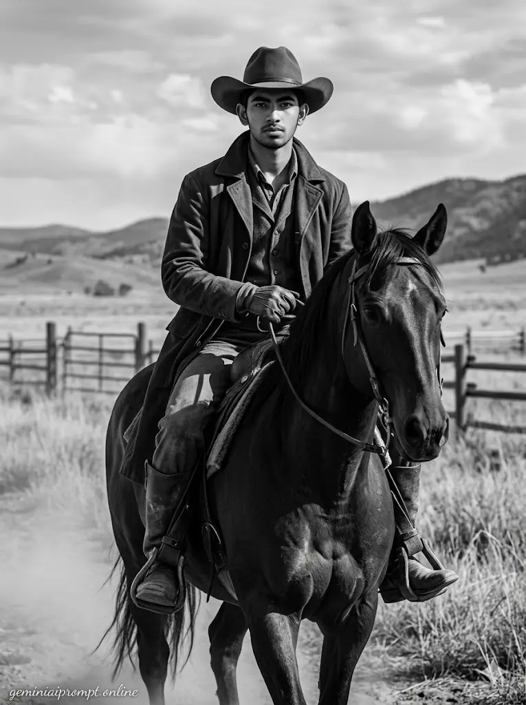 Stunning Cinematic Horse Riding AI Prompts for Viral Photo 2026 Black White Wild West Rider Black-and-white western cowboy horse portrait with a rugged rider on a dark stallion in a cinematic countryside setting.