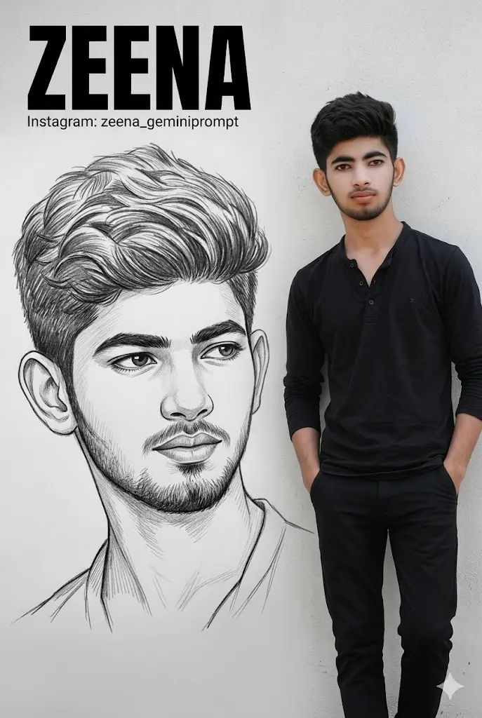Prompt Seen Trending Boy Instagram AI Photo Prompts Black and White Sketch Black and White Sketch + Real Photo Poster (Change Name & Insta ID)