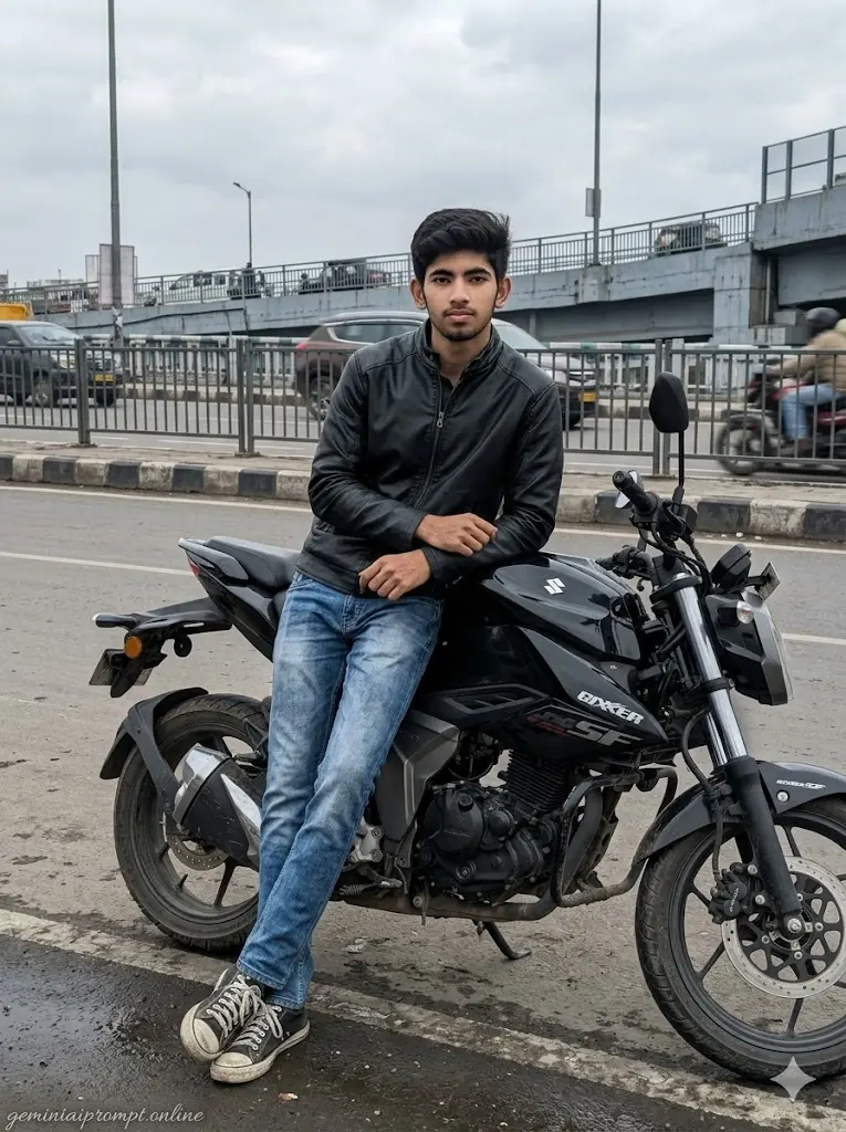 7 Google Gemini Biker AI Photo Editing Prompts 2026 Bridge Side Rider Shot Relaxed biker leaning against Suzuki Gixxer SF near a bridge during cloudy daytime with realistic street photography vibe.