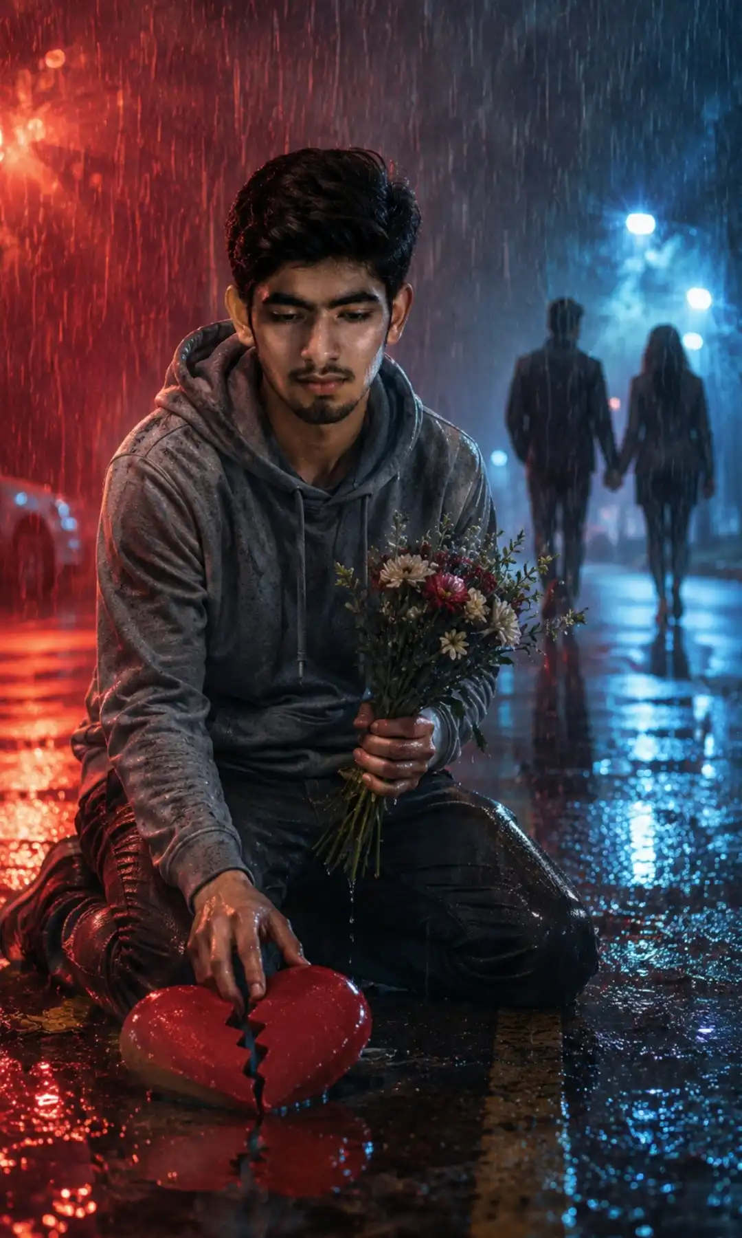 Sad cinematic heartbreak portrait of a young man kneeling in heavy rain on a wet street, holding flowers beside a broken red heart, with dramatic red and blue lighting and a blurred couple walking away in the background.