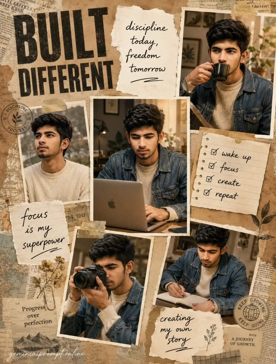 Ultra realistic motivational lifestyle scrapbook collage poster featuring a stylish young man in denim jacket and cream sweater aesthetic, working on laptop, drinking coffee, holding camera, and writing notes with vintage paper textures, handwritten motivational quotes, and “BUILT DIFFERENT” typography in cozy cinematic lighting.