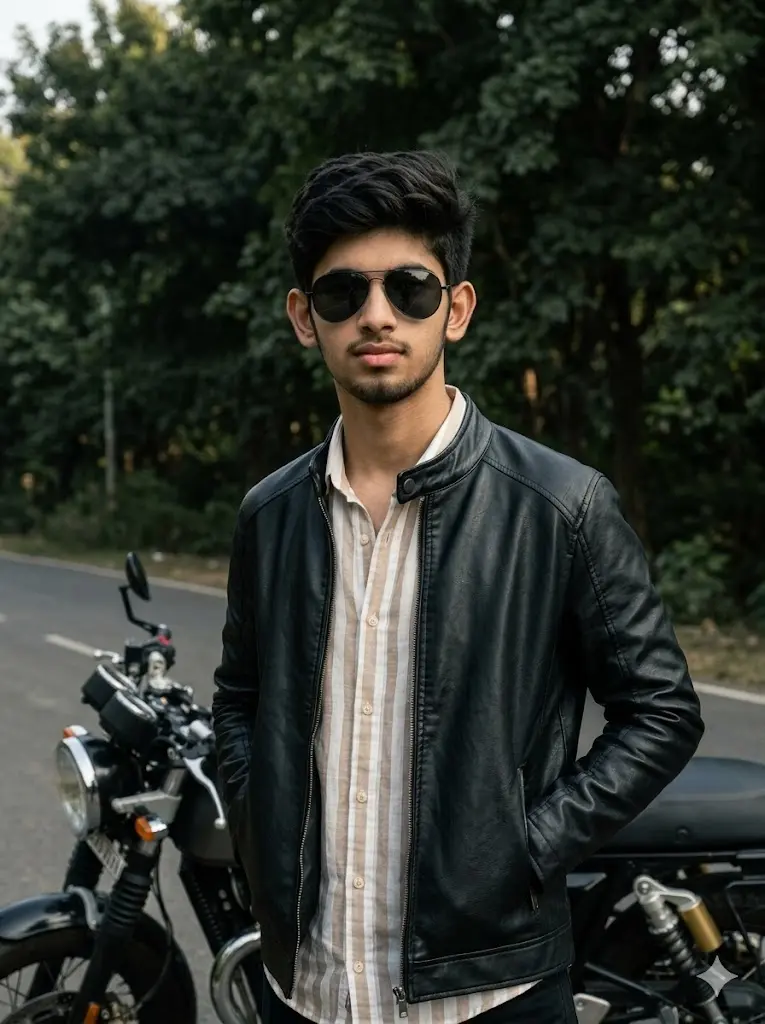 Stylish biker attitude portrait of a young man standing beside a retro motorcycle with cinematic earthy color grading and premium roadside aesthetic.