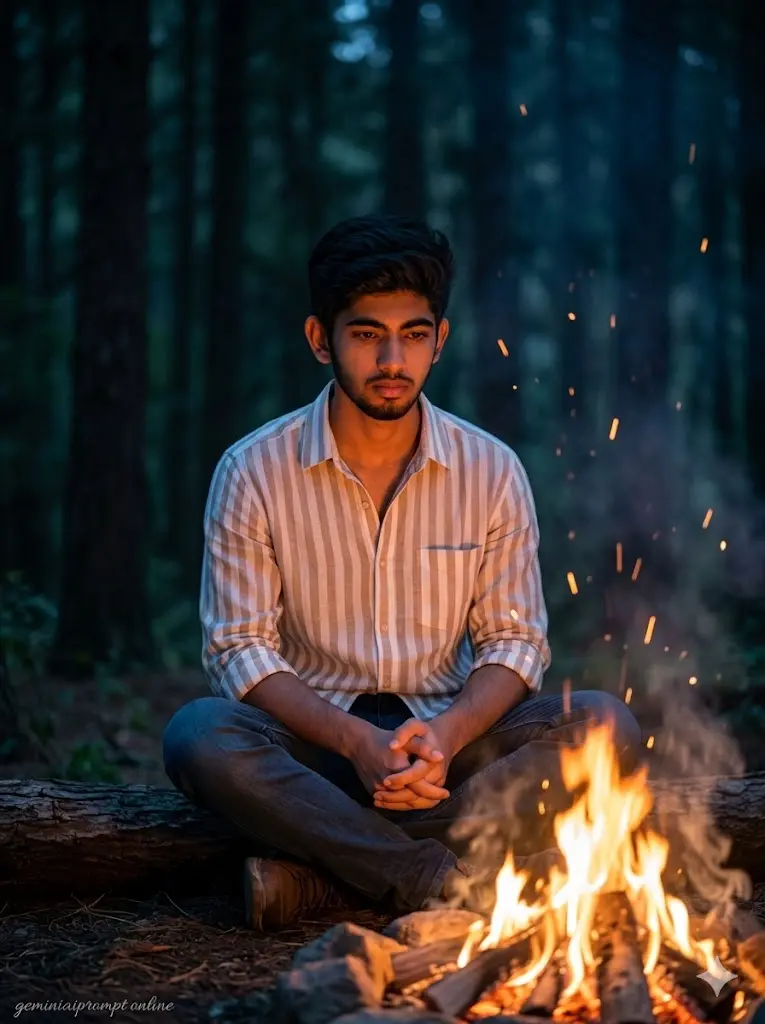 8 Sad Boy Prompt Gemini: Turn Your Photo Into a Heartbreaking Portrait That Feel Too Real! Campfire Lonely Sad Boy Lonely sad boy sitting near campfire in dark forest with glowing fire sparks, cinematic night lighting, and emotional heartbreak atmosphere.
