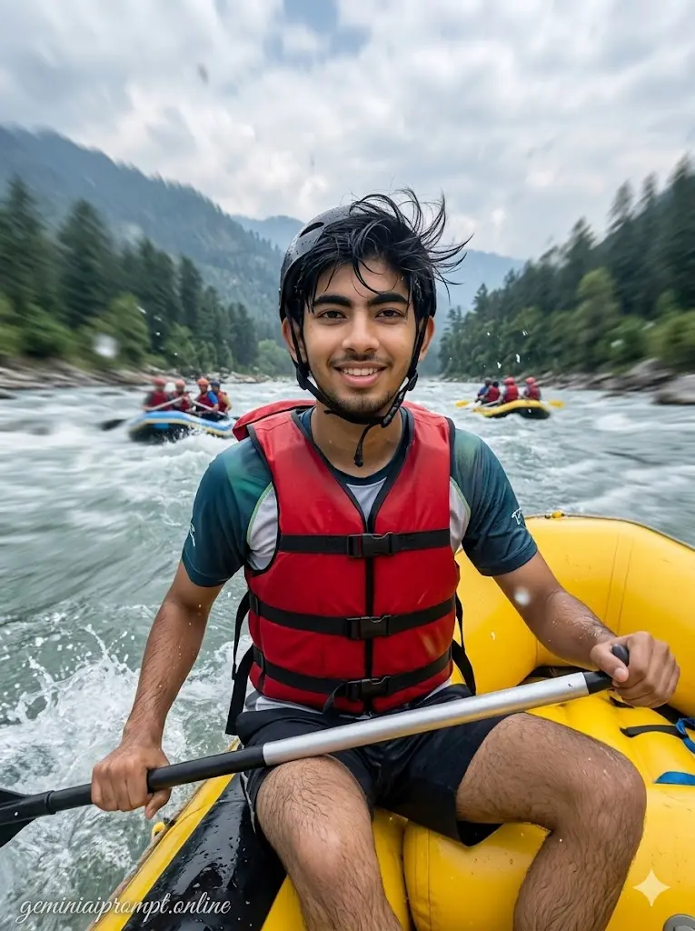 Boy sitting in rafting boat wearing life jacket and helmet during river rafting adventure with natural outdoor travel photography look
