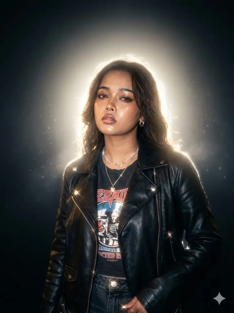 A luxury editorial studio portrait of a young woman with wavy brown hair, wearing a black leather jacket and a graphic t-shirt, isolated against a smooth, deep-black cinematic backdrop. A hidden white-gold light source positioned directly behind her creates an intense, angelic halo effect, casting a brilliant rim light along her hair strands, face silhouette, and shoulders. The scene features a soft cinematic bloom, a dreamy atmospheric haze with floating glowing particles, and elegant starburst sparkles reflecting off her jewelry and jacket details