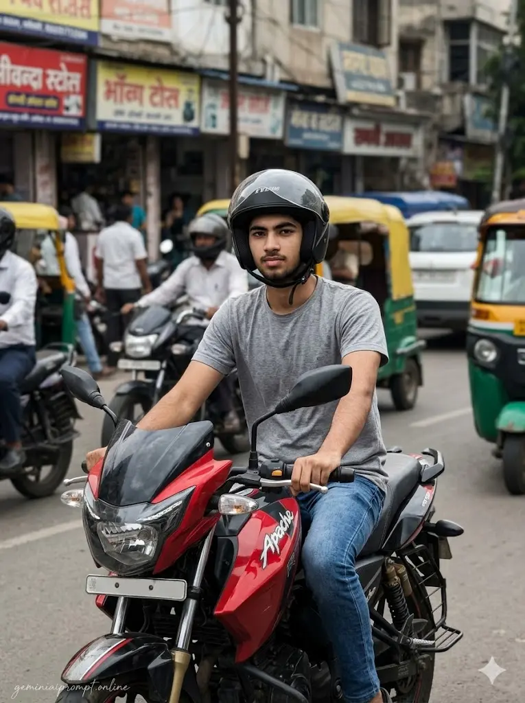 7 Google Gemini Biker AI Photo Editing Prompts 2026 City Traffic Rider Portrait Urban biker riding TVS Apache RTR 160 through busy daytime city traffic with realistic Indian street atmosphere.