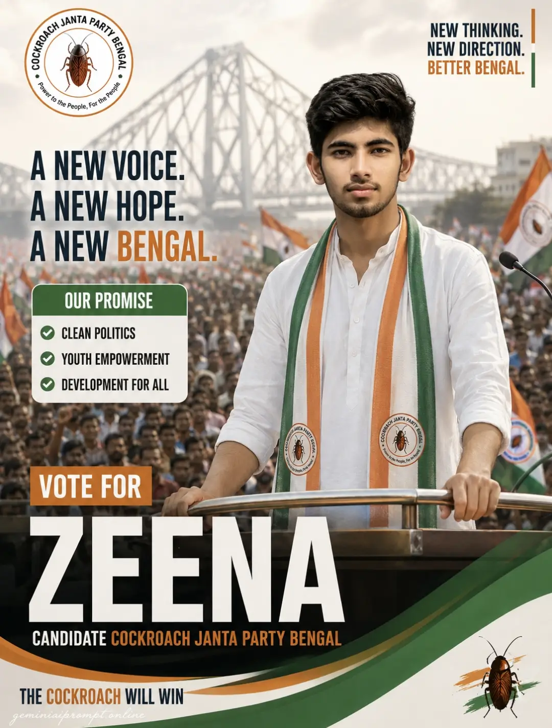 Cockroach Janta Party Leader Poster Prompt