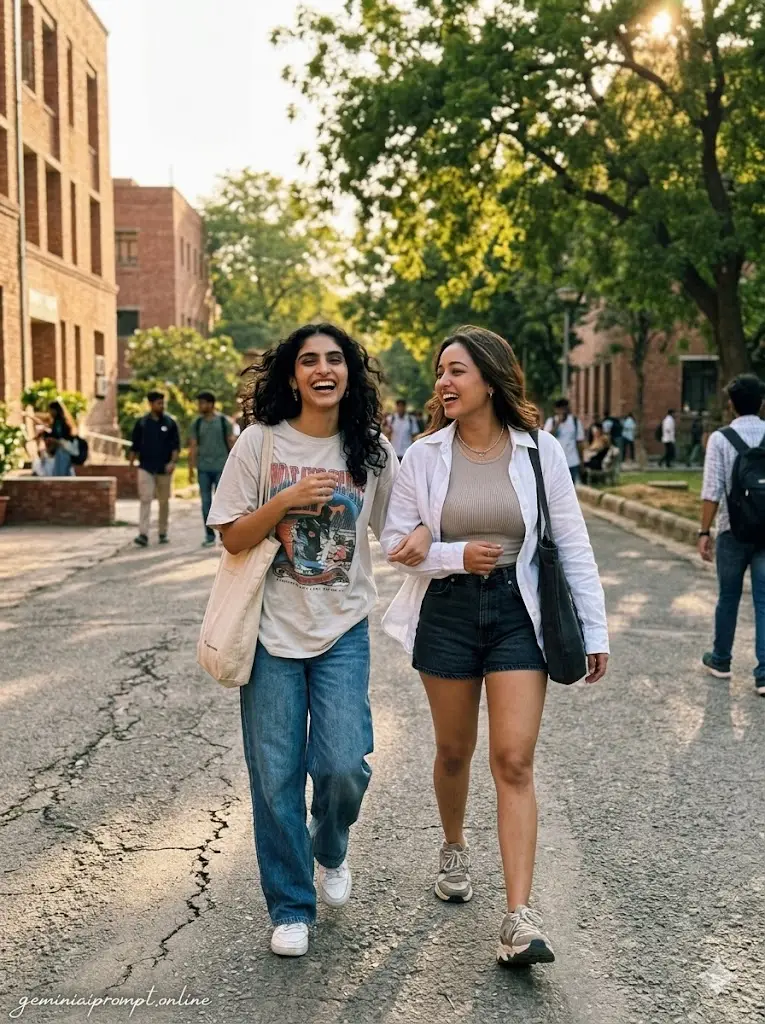 Gemini AI Best Friends Photo Prompts 2026 for Girls College Campus Girls Friendship Portrait Hyper-realistic college campus friendship portrait of stylish girls walking together in warm afternoon sunlight with trendy outfits and aesthetic Pinterest-style atmosphere