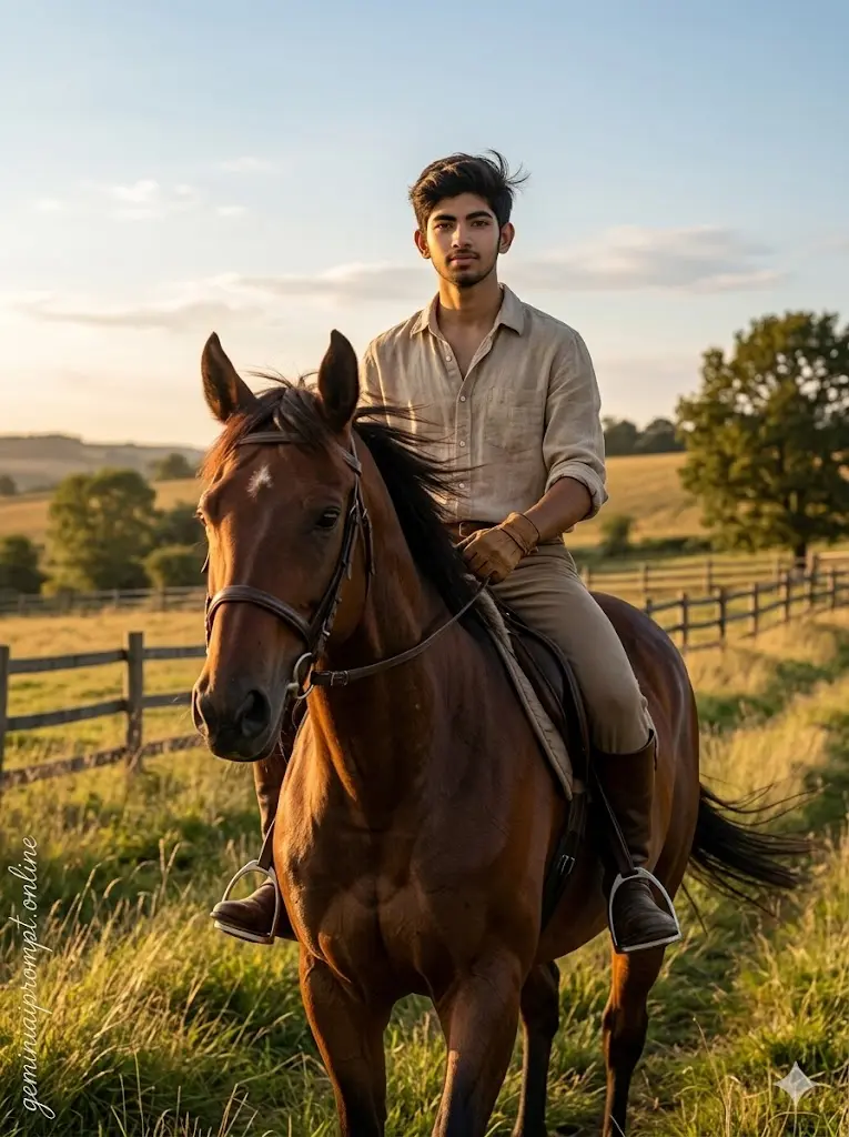 Stunning Cinematic Horse Riding AI Prompts for Viral Photo 2026 Countryside Sunset Horse Portrait Peaceful countryside horse riding portrait with a man riding through grassy hills during warm golden sunset lighting.
