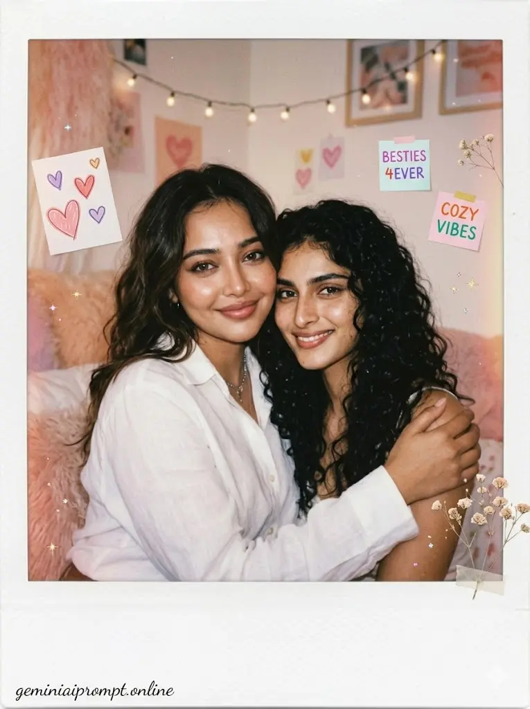 Gemini AI Best Friends Photo Prompts 2026 for Girls Cute Girls Friendship Polaroid Style Vintage Polaroid-style portrait of two girl best friends with dreamy pastel aesthetic, warm lighting, and nostalgic friendship vibes.