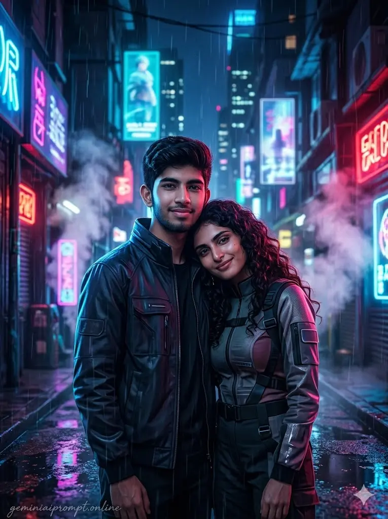 Cyberpunk neon couple portrait with futuristic city lights, holographic signs, cinematic rain effects, and emotional urban romance vibes.