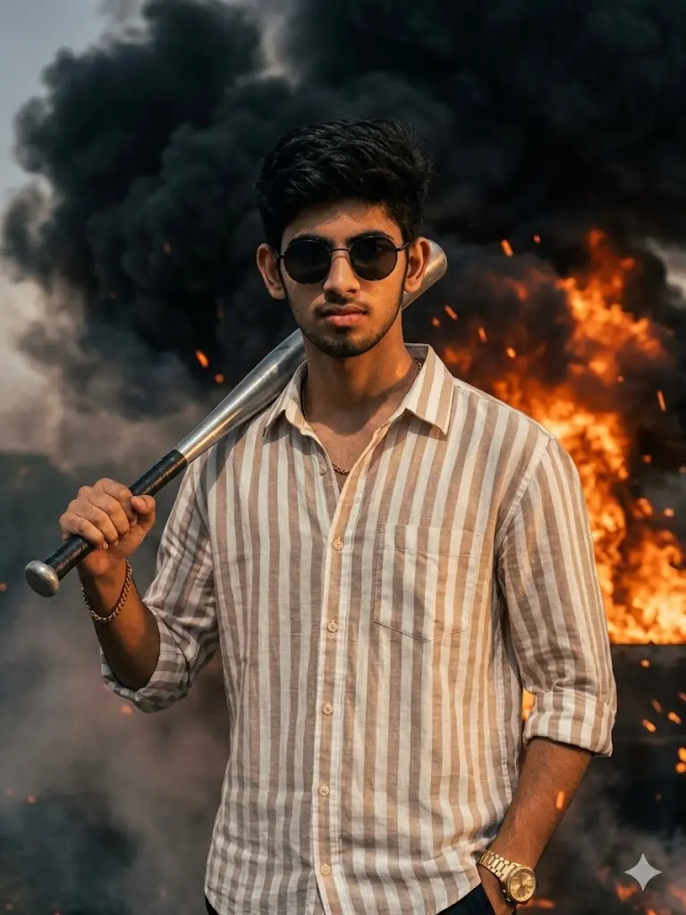 Gangster attitude portrait of a stylish man holding a baseball bat with fire flames, black smoke background, and cinematic mafia action vibes.
