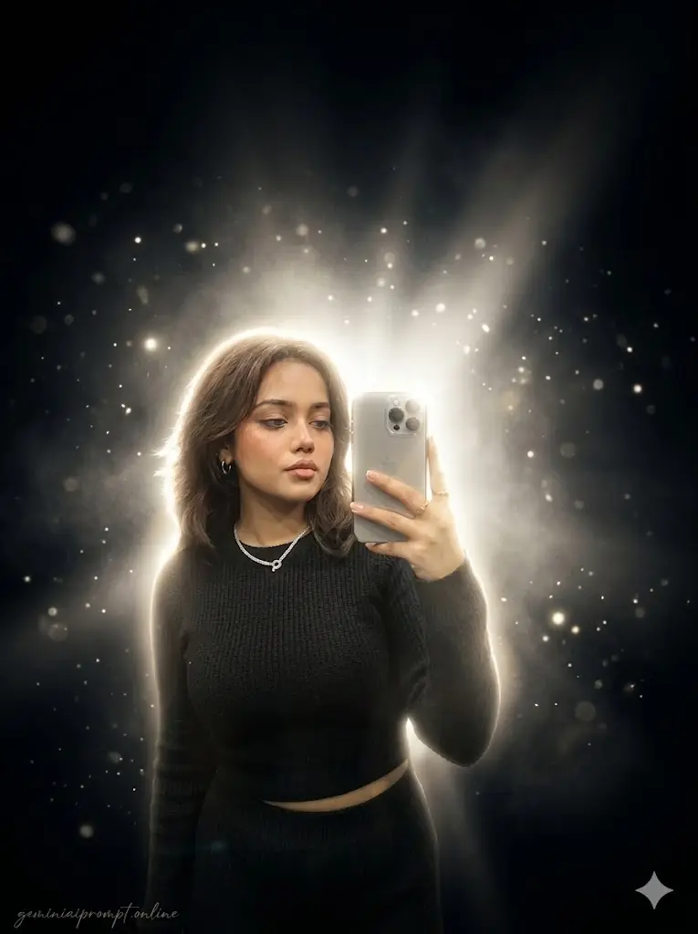 A stylized, dreamcore-inspired portrait of a young woman taking a selfie in a dark, atmospheric setting. She has medium-length brown hair with a soft, voluminous texture and is wearing a black ribbed long-sleeve crop top with a matching skirt and a silver chain necklace. She holds up a silver smartphone, capturing her reflection.A powerful, hidden light source directly behind her creates an intense white-gold glowing aura that outlines her silhouette, casting a luxury editorial glow and subtle light leaks. Soft, radiant beams of light pierce through a delicate mist and haze in the background, which transitions into a deep cinematic blackness. The scene is filled with a mystical atmosphere featuring floating bokeh particles, glowing sparkles, and soft highlights reflecting off her skin and hair, while the subject remains perfectly sharp.