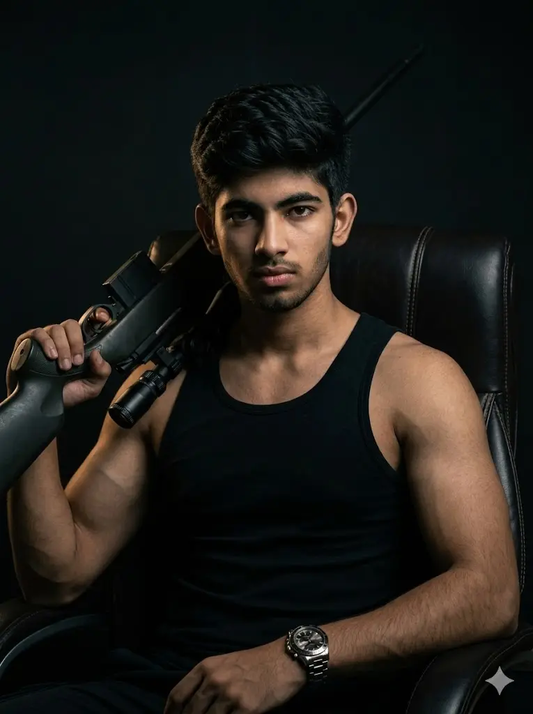 Cinematic gangster portrait of a muscular man in a black sleeveless tank top holding a sniper rifle on his shoulder while sitting in a dark studio chair, featuring dramatic low-key lighting, intense expression, luxury wristwatch, and moody black background.