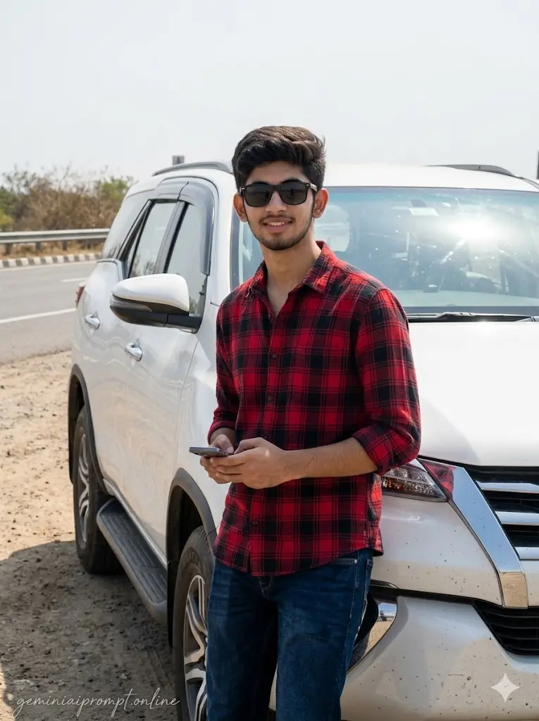 Casual daylight portrait of a boy beside white Toyota Fortuner on a highway road trip with bright sunlight and realistic smartphone photography.