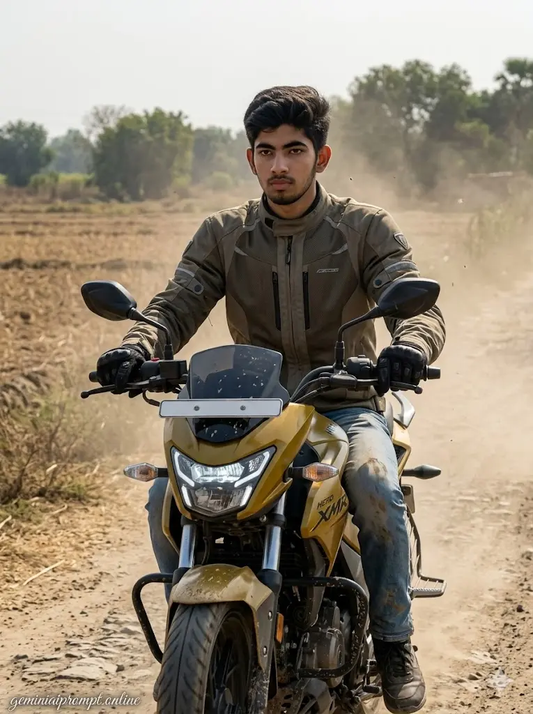 7 Google Gemini Biker AI Photo Editing Prompts 2026 Dusty Off Road Biker Portrait Off-road biker riding Hero Karizma XMR through a dusty trail during daytime with realistic dirt and travel atmosphere.