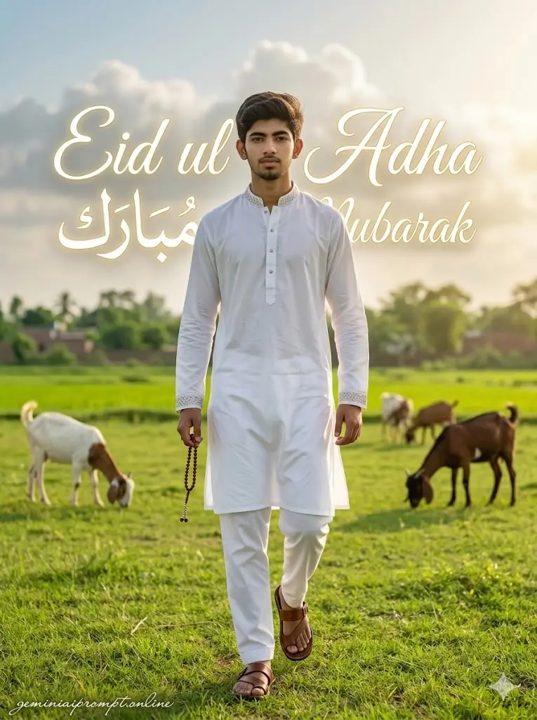 Bakra Eid Gemini Prompts Eid ul Adha AI Photo Editing Prompt Open Field Cinematic Walk Man walking confidently in a green field wearing white kurta pajama during Eid ul Adha celebration with goats, bright sunlight, and Eid ul Adha Mubarak Arabic calligraphy in the background.
