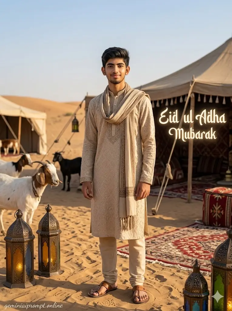 Bakra Eid Gemini Prompts Eid ul Adha AI Photo Prompt Desert Camp Traditional Look Cinematic desert camp Eid ul Adha portrait showing a man in beige embroidered kurta standing beside traditional tents, goats, lanterns, carpets, and Eid ul Adha Mubarak calligraphy