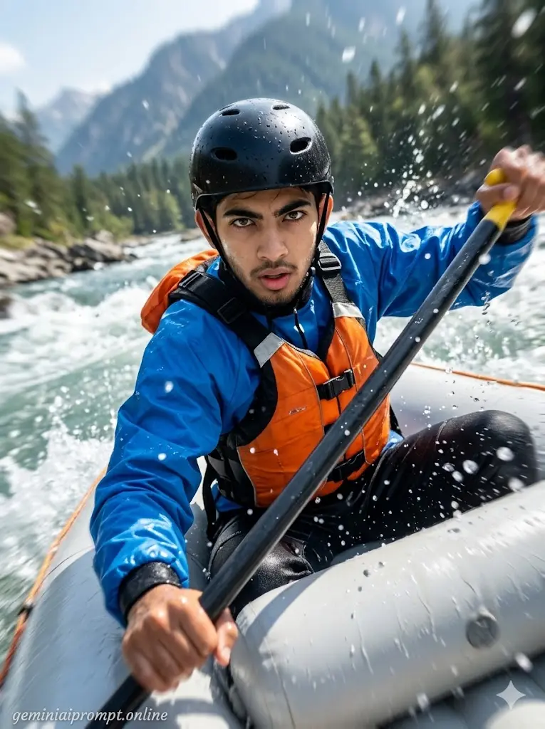 Extreme white water rafting action photo of adventurous boy paddling through dangerous rapids with cinematic realistic water splashes