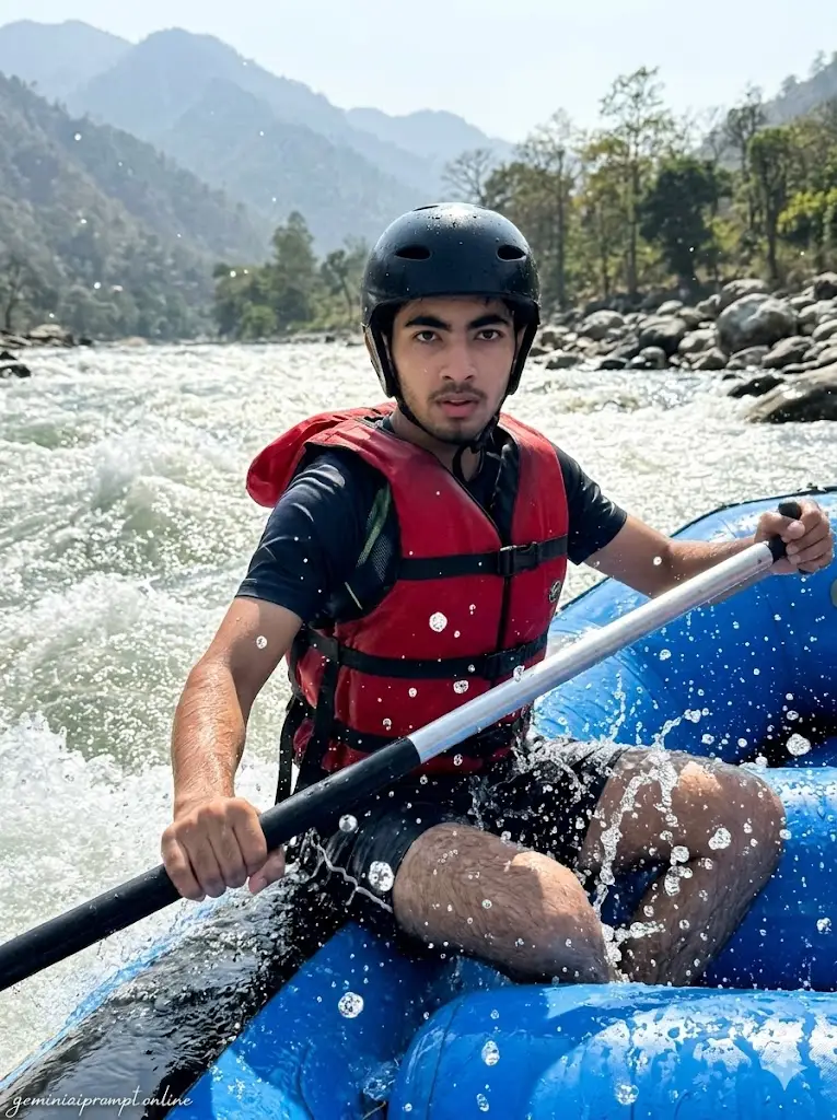 Realistic river rafting boy photo with blue raft, mountain river background, water splashes, and smartphone camera adventure aesthetic
