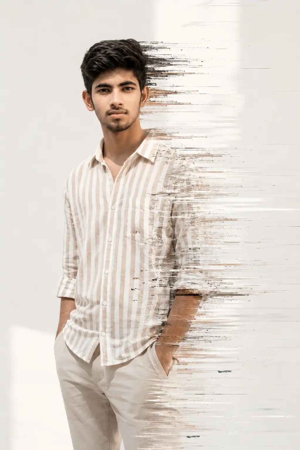 Prompt Seen New Instagram Trend Prompt For Boy Futuristic Glitch Fashion Editorial AI Portrait Ultra realistic futuristic fashion portrait with digital glitch distortion effects, luxury editorial lighting, minimalist white background, and cinematic cyber streetwear aesthetics.