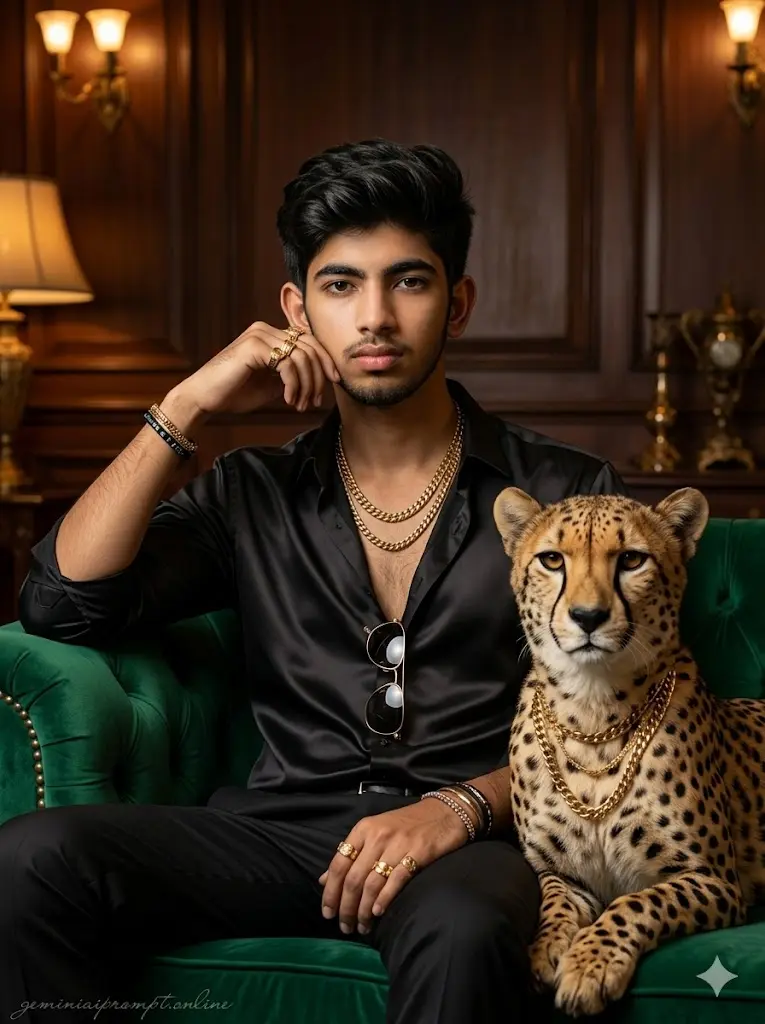 Ultra realistic gangster king portrait featuring a man in black satin outfit sitting beside a cheetah with gold chains inside a luxurious royal room.