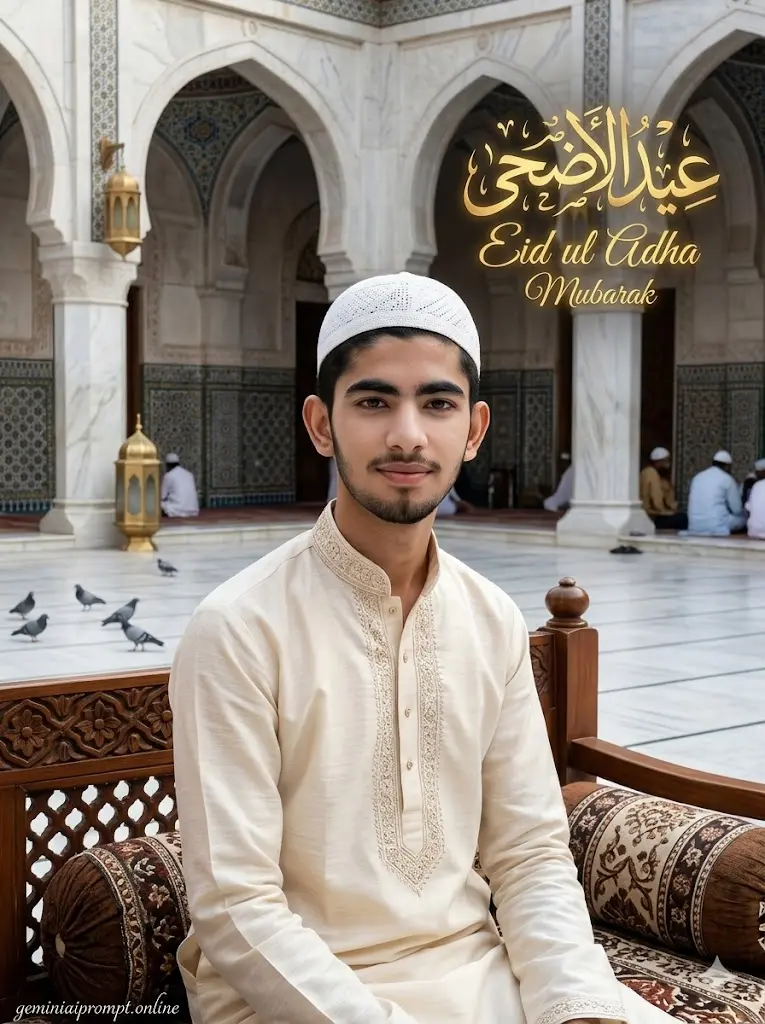 Bakra Eid Gemini Prompts Gemini Bakra Eid AI Prompt Mosque Courtyard Sitting Pose Realistic Bakra Eid portrait of a man sitting inside a grand mosque courtyard wearing a cream embroidered kurta and white skull cap with Eid ul Adha Mubarak text behind him.