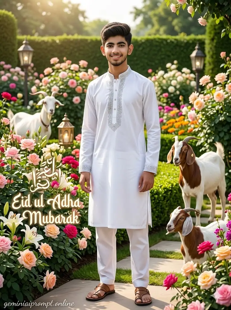 Bakra Eid Gemini Prompts Gemini Bakrid AI Prompt White Kurta Garden Portrait Realistic Eid ul Adha flower garden portrait of a man in premium white kurta pajama surrounded by blooming flowers, goats, lanterns, and elegant Eid ul Adha Mubarak typography.