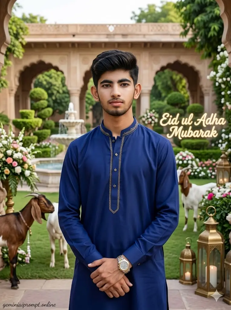 Bakra Eid Gemini Prompts Gemini Eid Mubarak AI Image Prompt Heritage Garden Confident Stand Cinematic Eid ul Adha garden portrait of a man wearing a navy-blue embroidered kurta standing confidently near fountains and floral decorations with Eid ul Adha Mubarak calligraphy background.