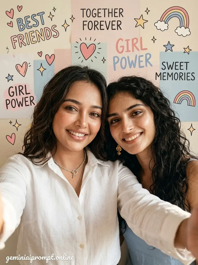 Gemini AI Best Friends Photo Prompts 2026 for Girls Girls Best Friends Selfie Aesthetic Cute girls best friends selfie with pastel doodle background, warm friendship aesthetic, soft smiles, and cozy emotional Instagram-style vibes.