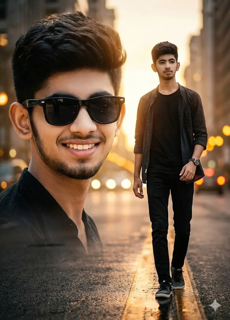 Prompt Seen Trending Boy Instagram AI Photo Prompts Golden Hour Double Exposure Street Style Golden Hour Double Exposure Street Style
