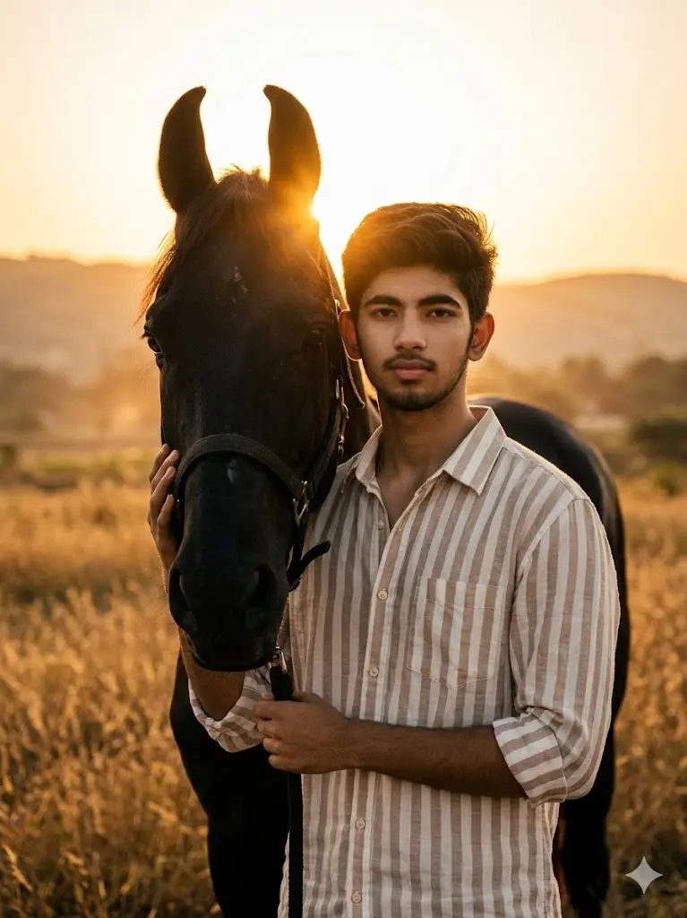 Cinematic sunset portrait of a stylish man standing beside a black horse with warm golden-hour lighting and luxury countryside aesthetic.