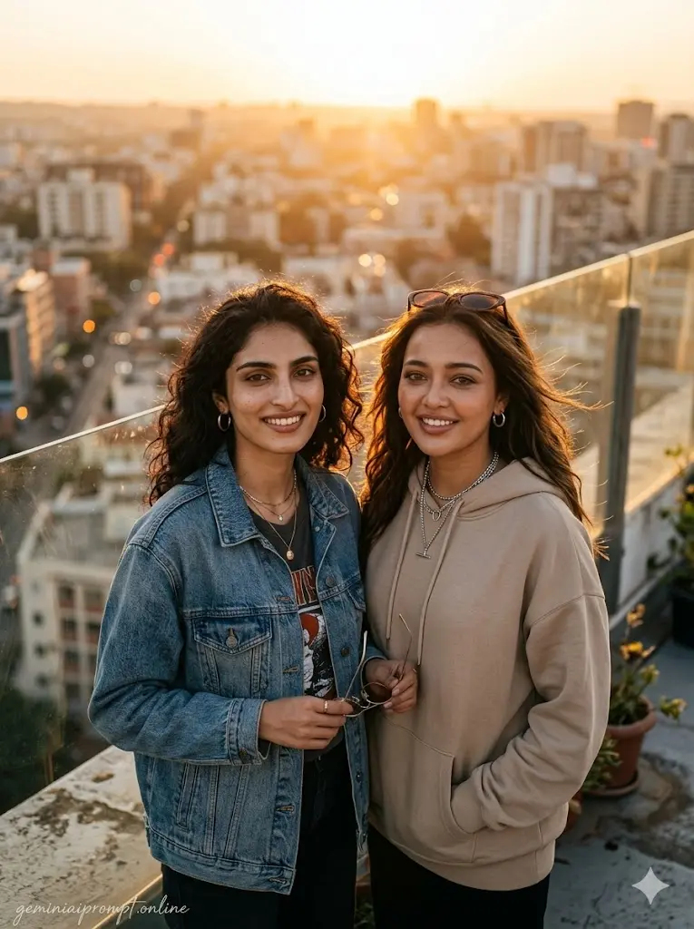 Gemini AI Best Friends Photo Prompts 2026 for Girls Golden Hour Rooftop Best Friends Shot Realistic golden hour rooftop best friends portrait of stylish girls with warm sunset lighting, casual streetwear fashion, and cinematic Pinterest-inspired city background.