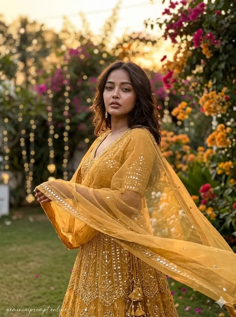 Stylish AI Lehenga Photo Editing Prompts for Girls Golden Sunset Lehenga Garden Portrait Hyper realistic golden lehenga sunset garden portrait for girls with cinematic lighting and soft aesthetic smartphone photography style.
