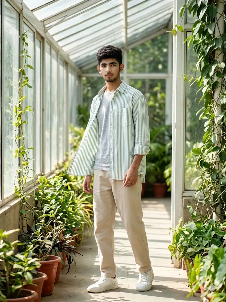 Greenhouse Corridor Striped Fashion Portrait