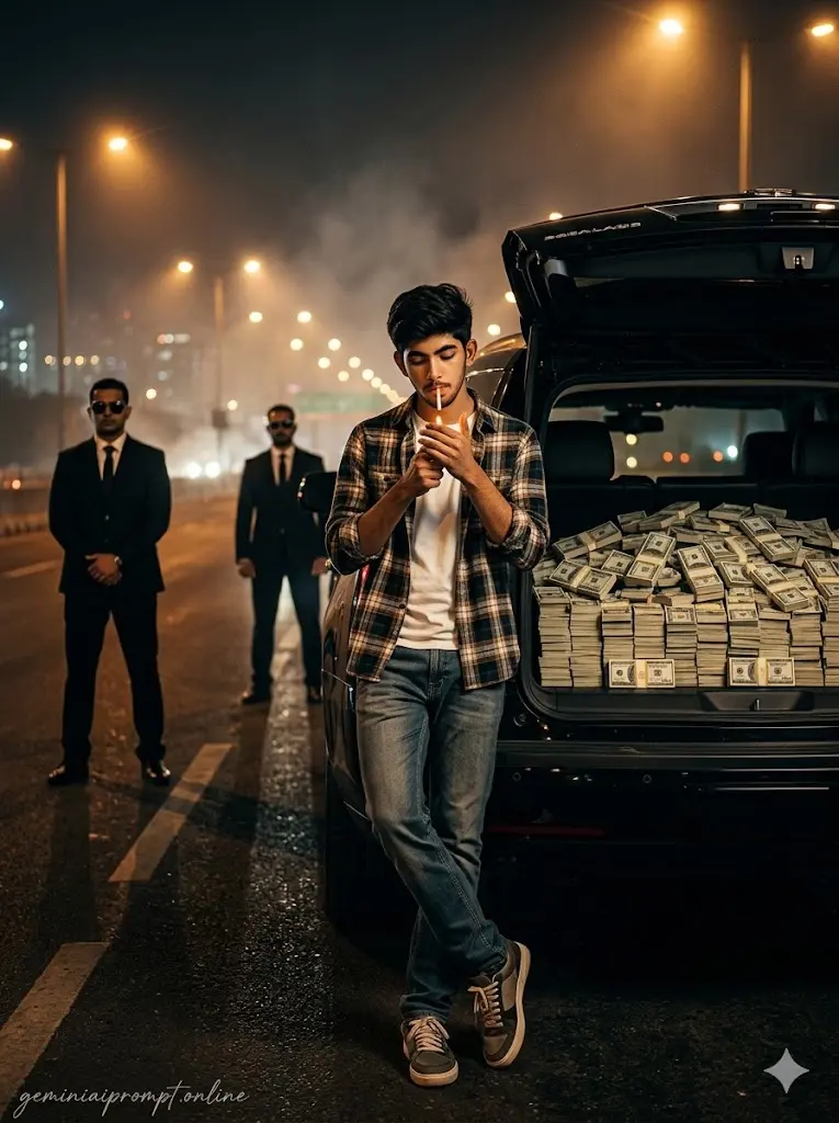 Cinematic mafia-style night highway scene with a stylish man smoking beside an SUV full of cash bundles and bodyguards standing nearby.
