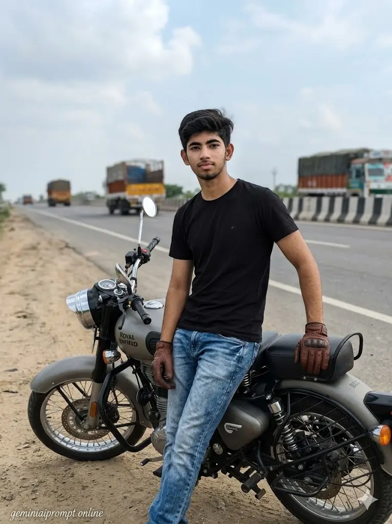 7 Google Gemini Biker AI Photo Editing Prompts 2026 Highway Rider Young biker standing beside Royal Enfield Classic 350 on an empty highway during cloudy daytime with realistic road-trip atmosphere.