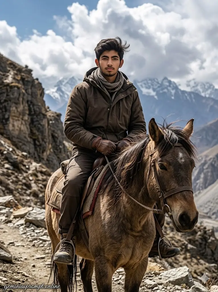 Stunning Cinematic Horse Riding AI Prompts for Viral Photo 2026 Himalayan Horse Adventure Portrait Himalayan mountain horse adventure portrait featuring a rugged rider traveling through rocky terrain on a strong mountain horse.