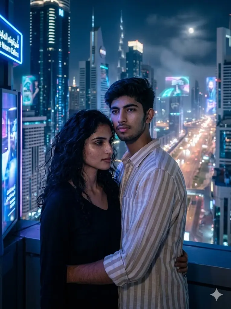 Romantic rooftop couple portrait with glowing city skyline, purple-blue neon lighting, cinematic fog, and dreamy night romance aesthetic.