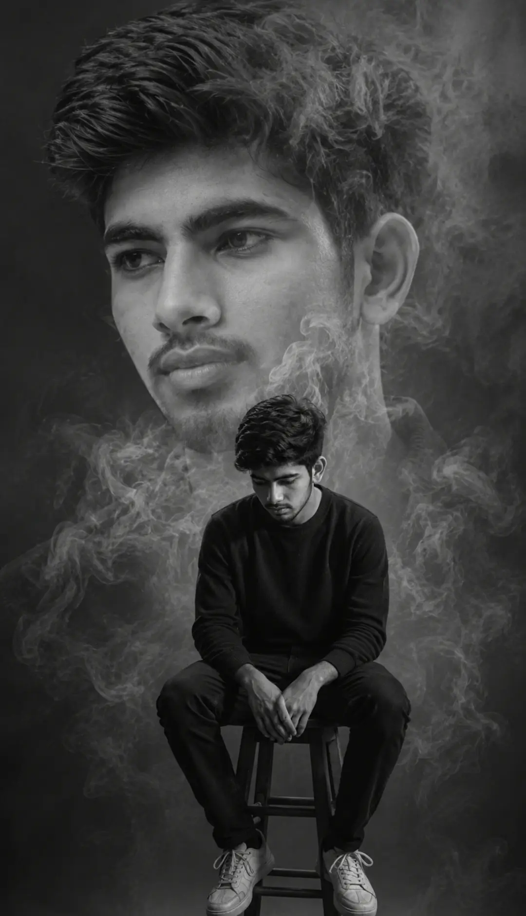 Emotional black and white double exposure portrait of a sad young man sitting on a stool with cinematic smoke, moody grayscale lighting, and realistic facial details in an artistic depression-themed photography style.