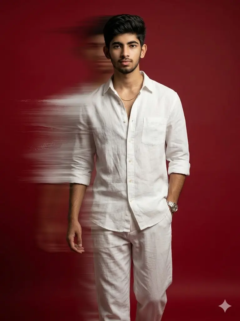 Google Gemini Al Boys Viral Photo Editing Prompts 2026 Luxury Red Glitch Fashion Portrait In White Linen Outfit Ultra realistic luxury fashion portrait of a man in white linen outfit with deep red background, cinematic glitch distortion effect, and premium editorial runway aesthetic.