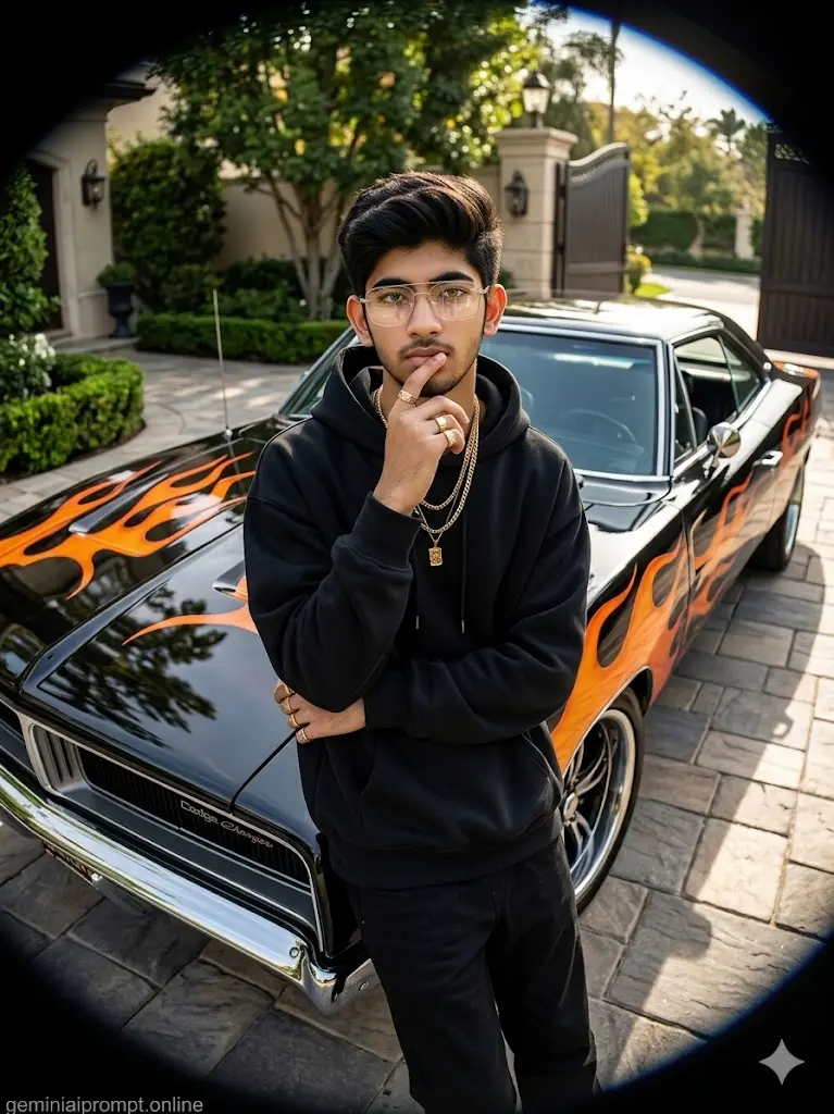 Ultra realistic luxury streetwear portrait of a stylish man posing in front of a customized black muscle car with orange flame graphics, cinematic wide-angle photography, and premium influencer aesthetic.
