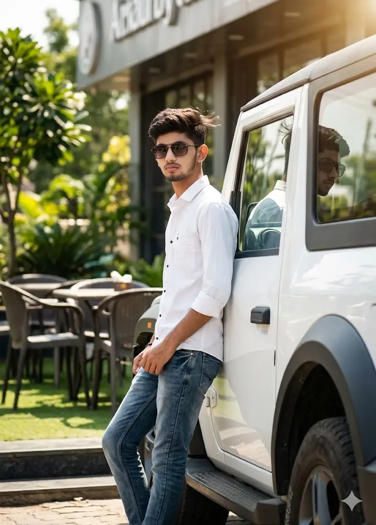 8 Mahindra Thar Gemini AI Prompts To Create Viral 4K Attitude Photo In Seconds Luxury White Thar Roadside AI Photo Prompt For Boy Luxury White Thar Roadside AI Photo Prompt For Boy