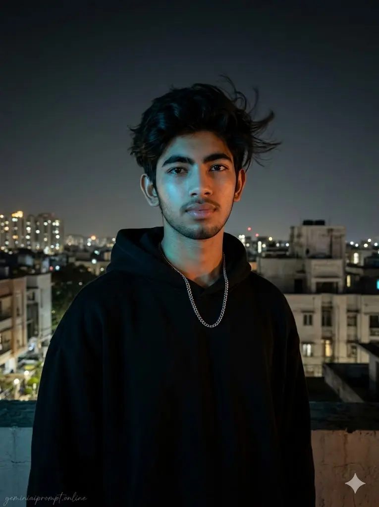 Best Gemini Prompts for Boys To Get Cinematic Results Midnight Attitude Portrait Boy standing on a rooftop at night with neon city lights, cinematic hoodie streetwear portrait created using Gemini AI realistic photo prompt.