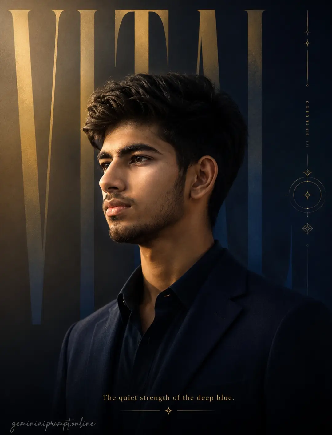 Ultra realistic luxury cinematic portrait of a stylish young man in dark navy formal wear, side profile pose with moody blue and gold lighting, premium fashion editorial background with giant VITAL typography, elegant geometric design elements, and modern masculine perfume campaign aesthetic.