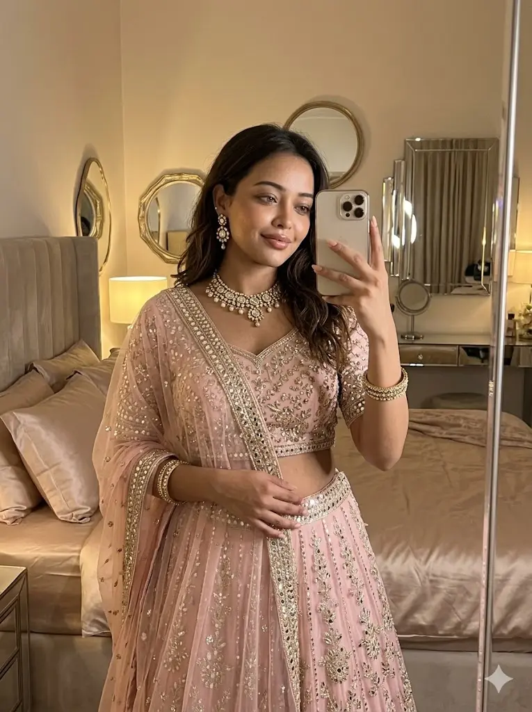 Stylish AI Lehenga Photo Editing Prompts for Girls Mirror Selfie Lehenga Queen Stylish pastel pink lehenga mirror selfie portrait for girls with realistic makeup, aesthetic bedroom lighting, and trendy Gemini AI photo editing look.